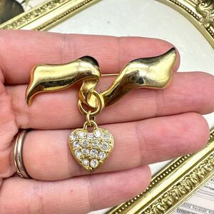 Vintage Gold Tone Ribbon Dangling Heart Rhinestone Brooch Pin